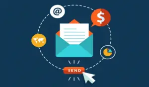Minh họa gửi thông báo qua email với phong bì, biểu tượng thư và nút gửi