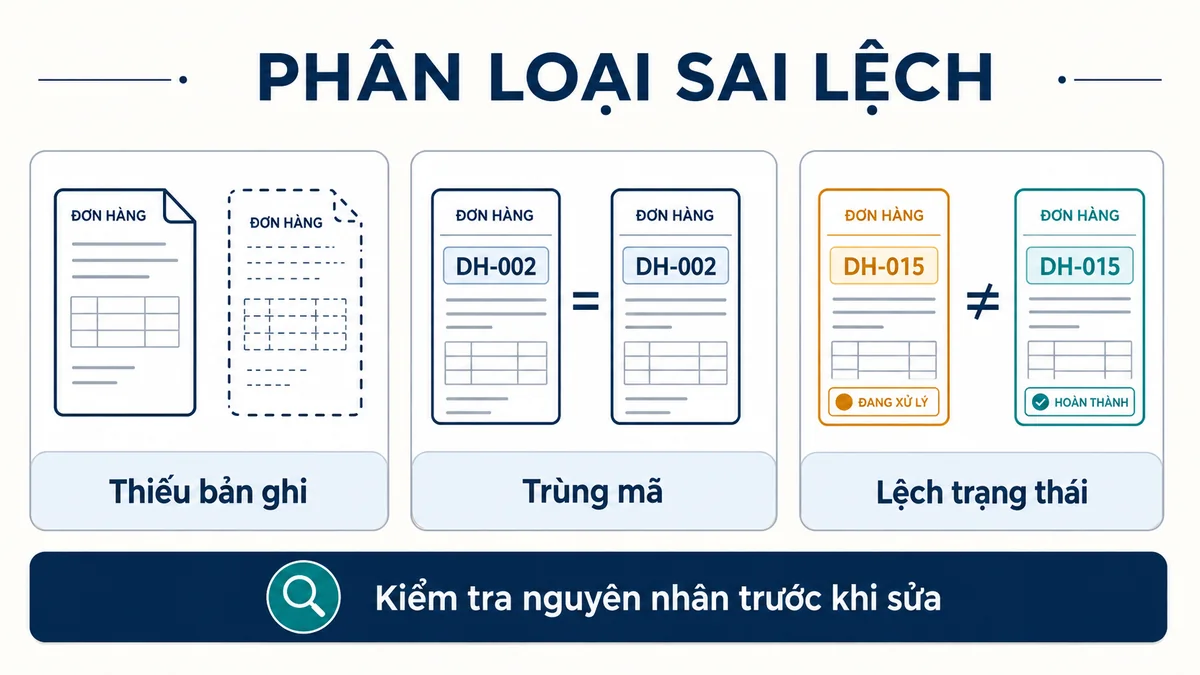 Minh họa ba nhóm sai lệch: thiếu bản ghi, trùng mã và lệch trạng thái đơn hàng