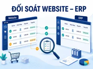 Minh họa đối soát mã đơn giữa website và ERP, với bản ghi khớp và bản ghi còn thiếu