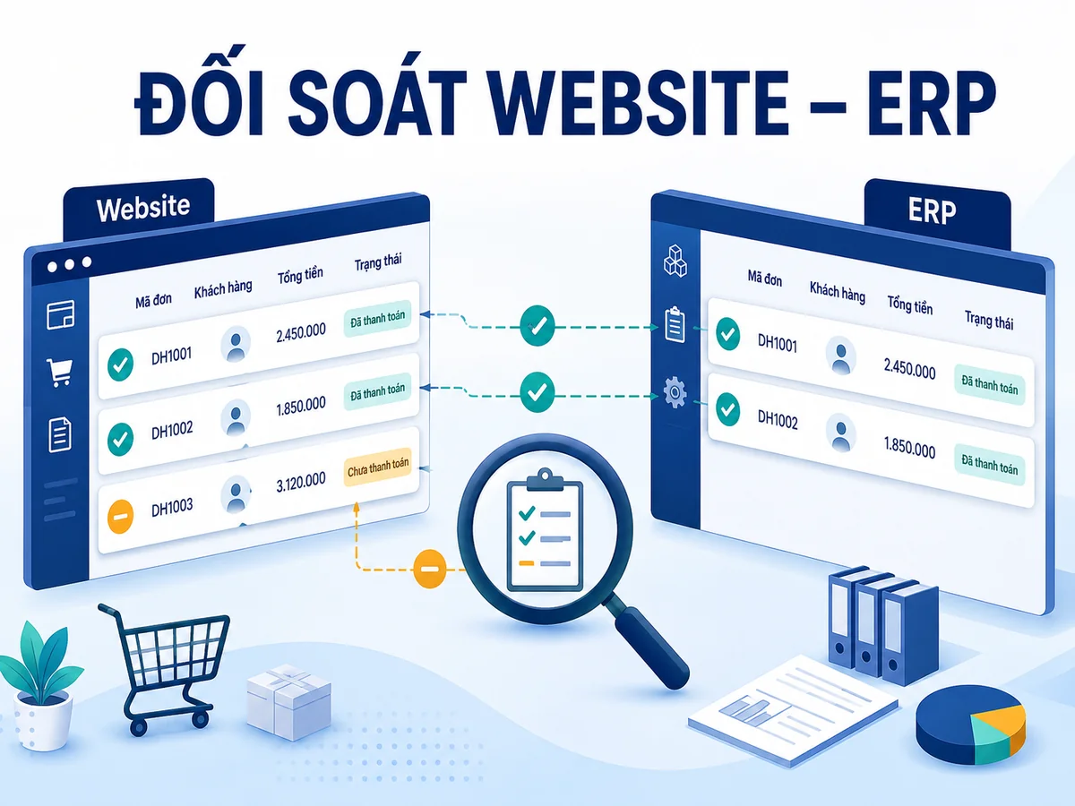 Minh họa đối soát mã đơn giữa website và ERP, với bản ghi khớp và bản ghi còn thiếu