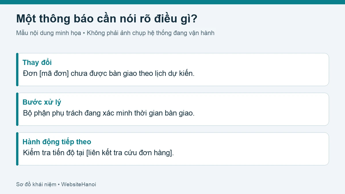 Mẫu thông báo gồm thay đổi tiến độ, bước xử lý và liên kết tra cứu đơn hàng